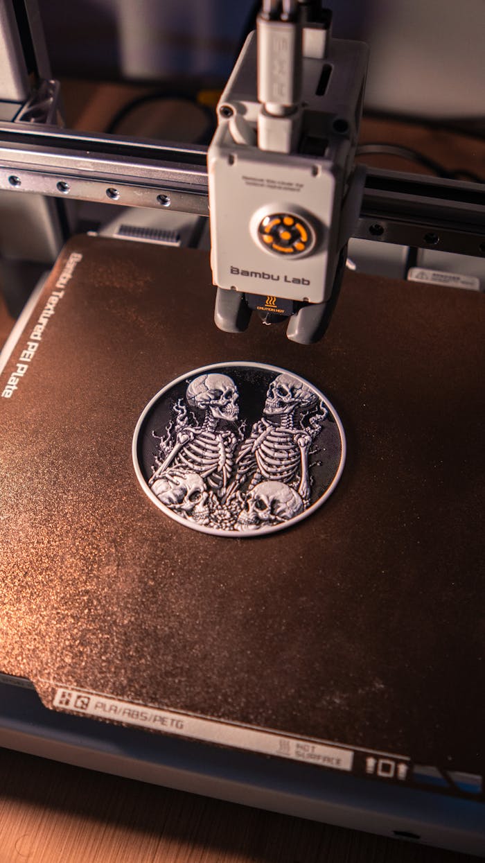 home-hero Close-up of an intricate 3D printed skeleton artwork being created on a 3D printer, showcasing digital craftsmanship.