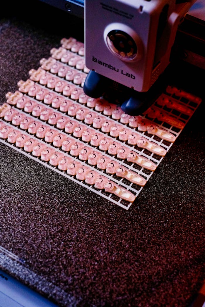Close-up of a 3D printer creating intricate components on a textured surface.